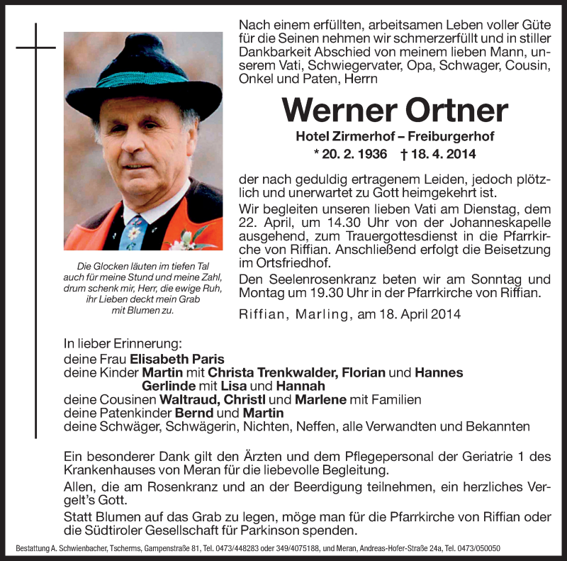  Traueranzeige für Werner Ortner vom 19.04.2014 aus Dolomiten