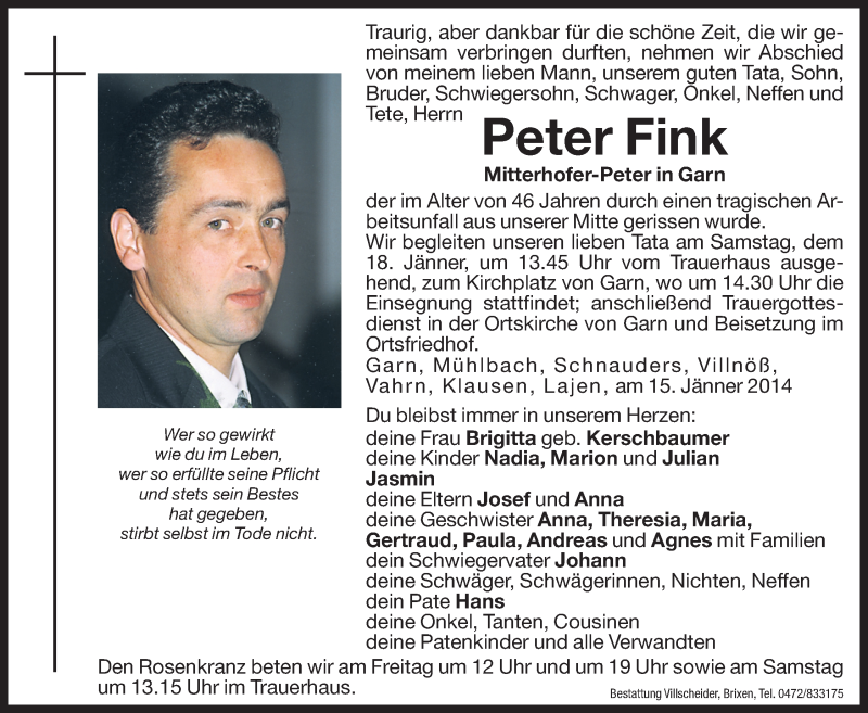  Traueranzeige für Peter Fink vom 17.01.2014 aus Dolomiten