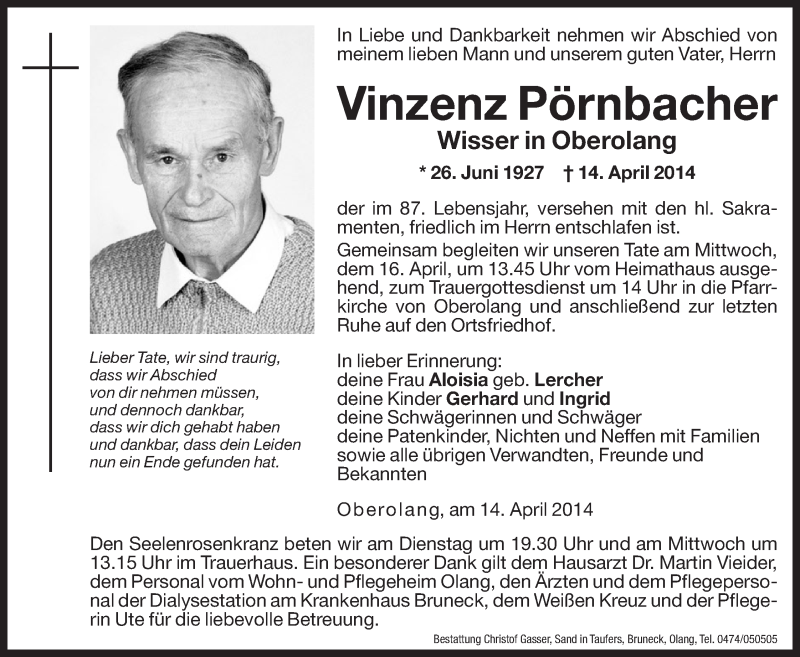  Traueranzeige für Vinzenz Pörnbacher vom 15.04.2014 aus Dolomiten