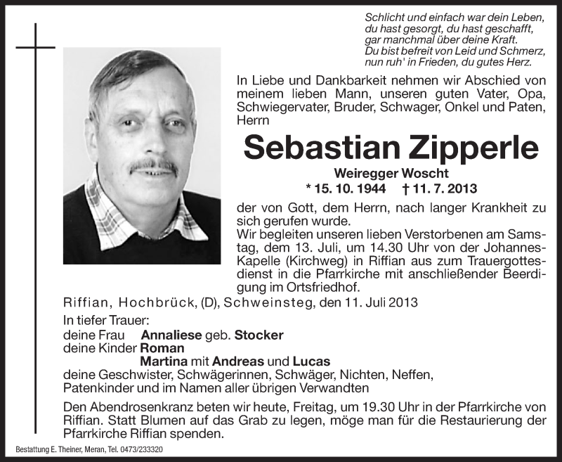  Traueranzeige für Sebastian Zipperle vom 12.07.2013 aus Dolomiten