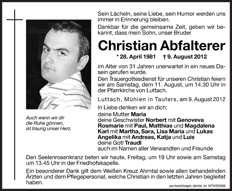  Traueranzeige für Christian Abfalterer vom 10.08.2012 aus Dolomiten