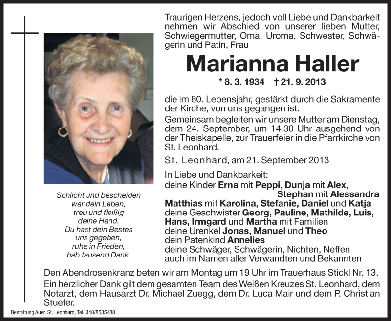  Traueranzeige für Marianna Haller vom 23.09.2013 aus Dolomiten