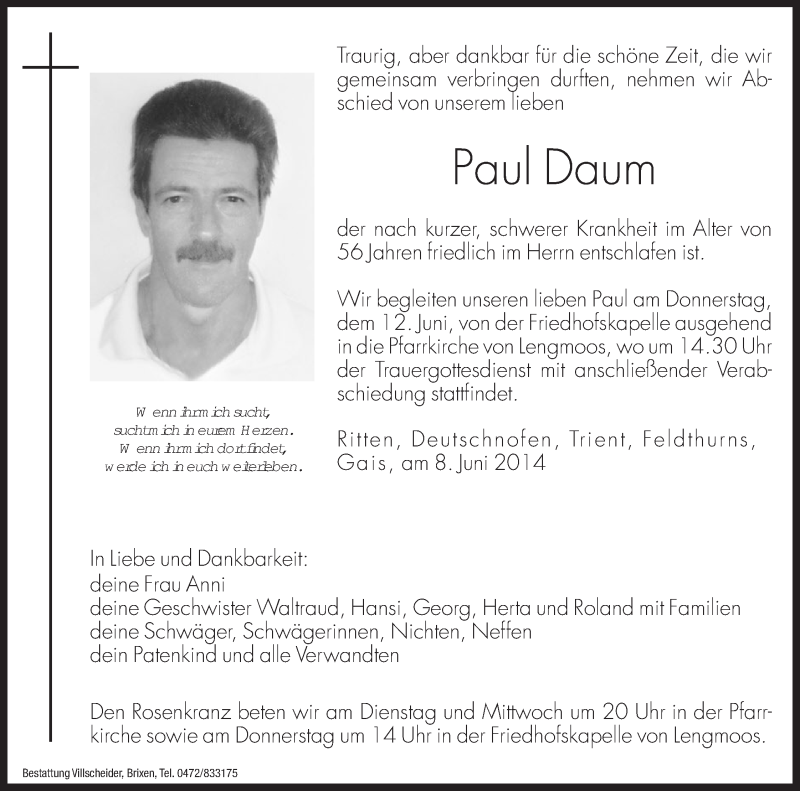  Traueranzeige für Paul Daum vom 10.06.2014 aus Dolomiten