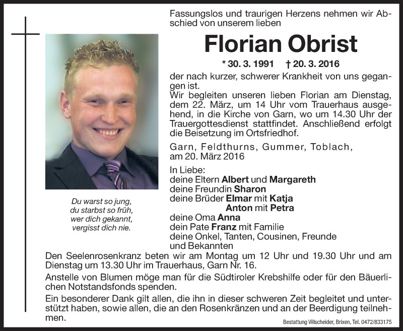  Traueranzeige für Florian Obrist vom 21.03.2016 aus Dolomiten
