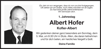 Traueranzeige von Albert Hofer von Dolomiten