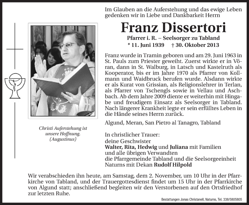  Traueranzeige für Franz Dissertori vom 02.11.2013 aus Dolomiten