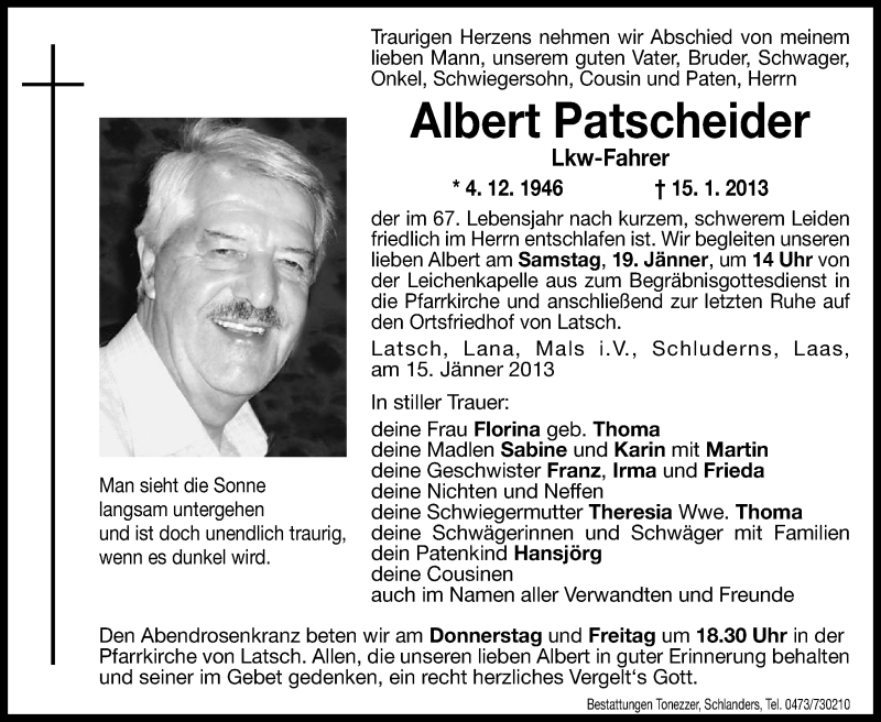  Traueranzeige für Albert Patscheider vom 17.01.2013 aus Dolomiten