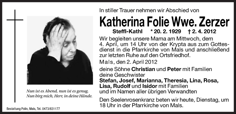  Traueranzeige für Katherina Zerzer vom 03.04.2012 aus Dolomiten