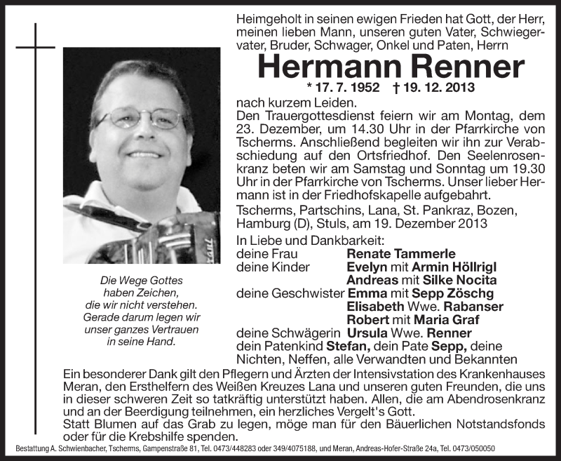  Traueranzeige für Hermann Renner vom 21.12.2013 aus Dolomiten