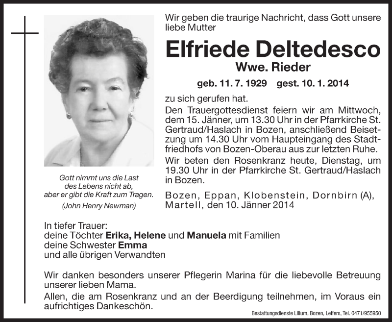  Traueranzeige für Elfriede Rieder vom 14.01.2014 aus Dolomiten
