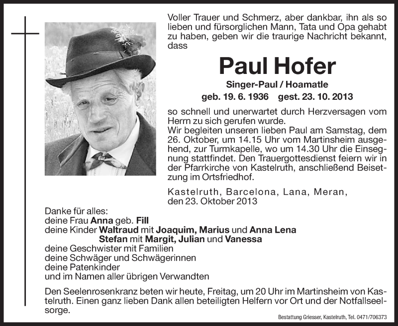  Traueranzeige für Paul Hofer vom 25.10.2013 aus Dolomiten
