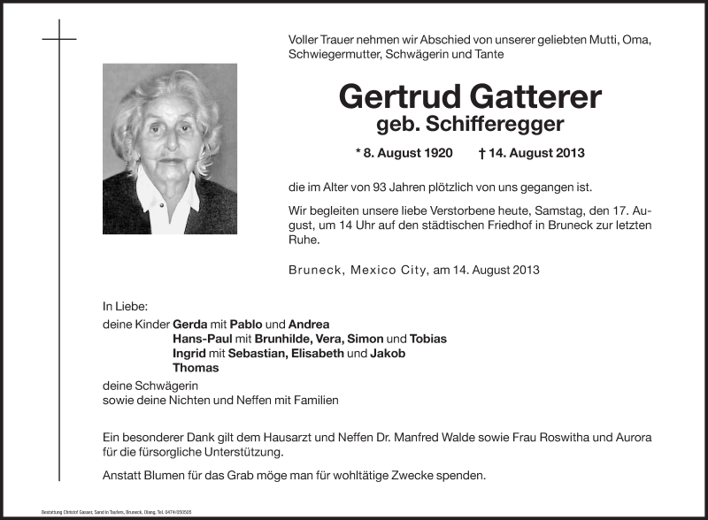  Traueranzeige für Gertrud Gatterer vom 17.08.2013 aus Dolomiten