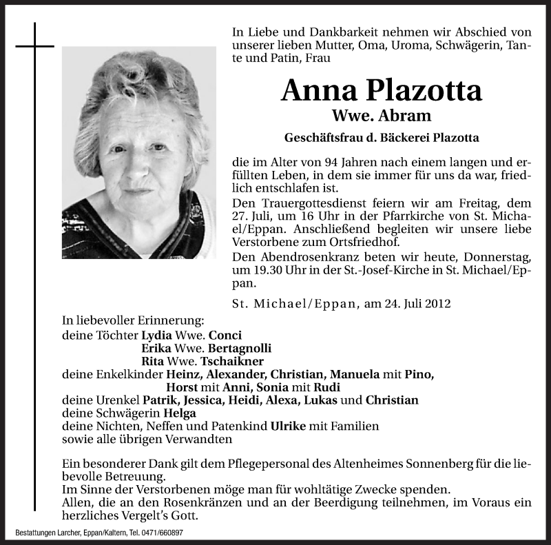  Traueranzeige für Anna Abram vom 26.07.2012 aus Dolomiten