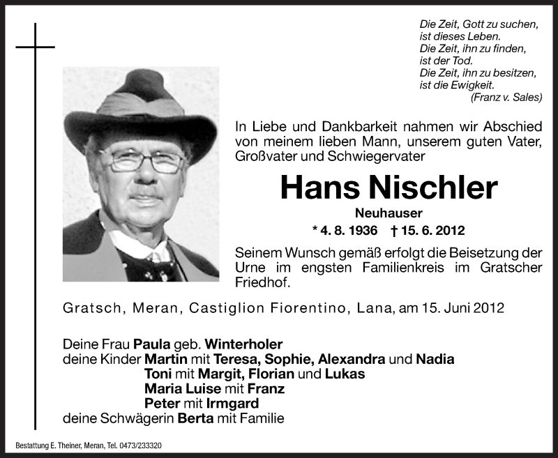  Traueranzeige für Hans Nischler vom 22.06.2012 aus Dolomiten