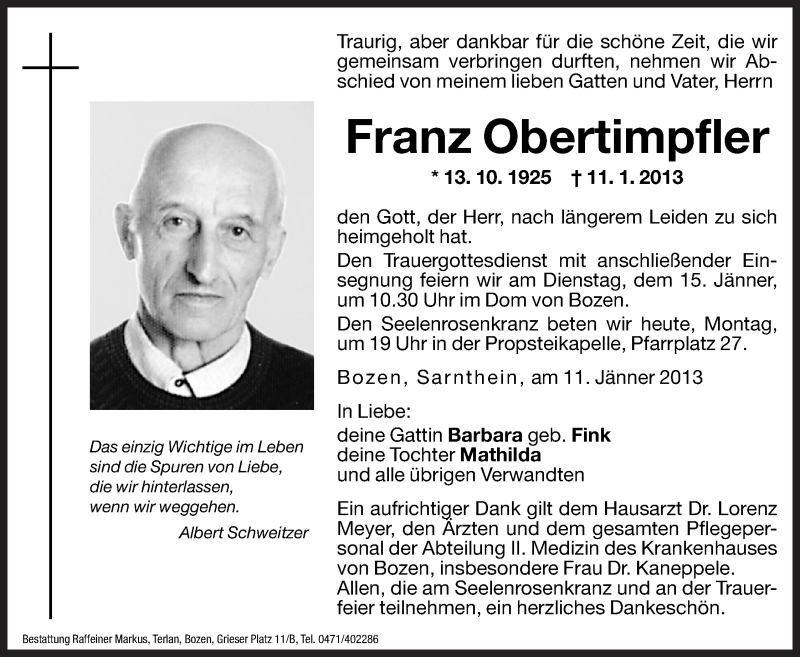  Traueranzeige für Franz Obertimpfler vom 14.01.2013 aus Dolomiten