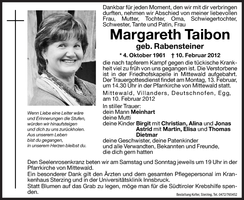  Traueranzeige für Margareth Taibon vom 11.02.2012 aus Dolomiten