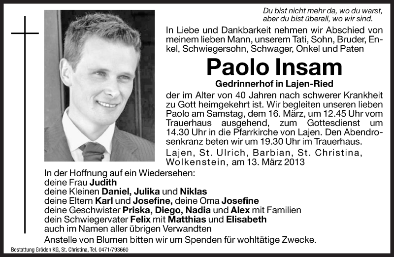  Traueranzeige für Paolo Insam vom 15.03.2013 aus Dolomiten