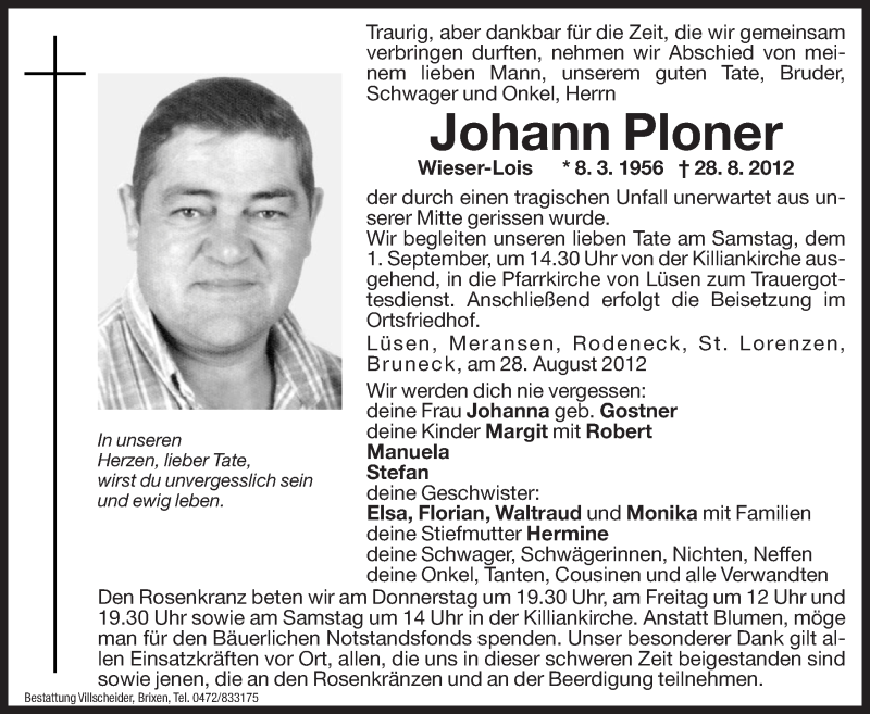  Traueranzeige für Johann Ploner vom 30.08.2012 aus Dolomiten