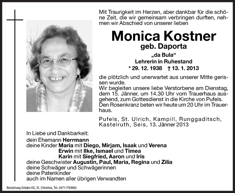  Traueranzeige für Monica Kostner vom 14.01.2013 aus Dolomiten