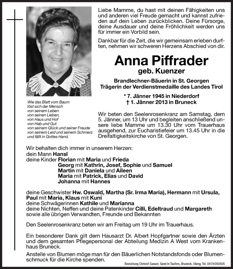  Traueranzeige für Anna Piffrader vom 04.01.2013 aus Dolomiten