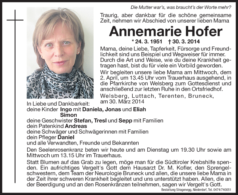  Traueranzeige für Annemarie Hofer vom 31.03.2014 aus Dolomiten