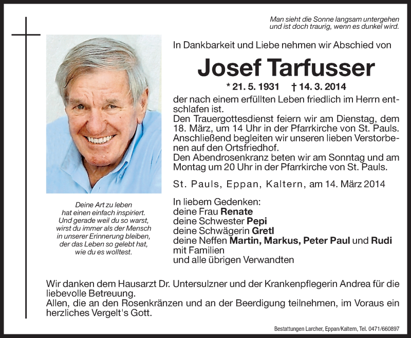  Traueranzeige für Josef Tarfusser vom 15.03.2014 aus Dolomiten