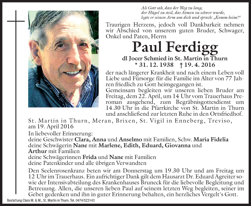  Traueranzeige für Paul Ferdigg vom 21.04.2016 aus Dolomiten