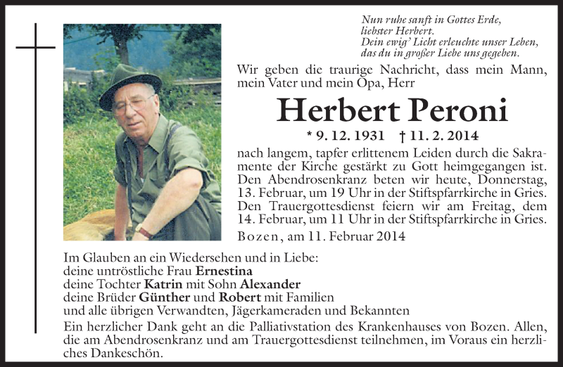  Traueranzeige für Herbert Peroni vom 13.02.2014 aus Dolomiten