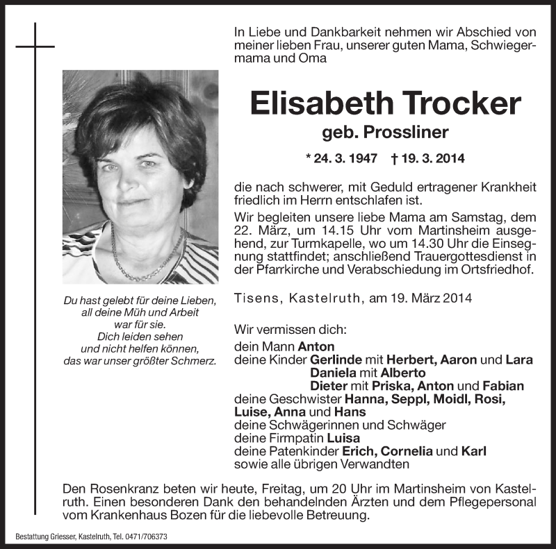  Traueranzeige für Elisabeth Trocker vom 21.03.2014 aus Dolomiten