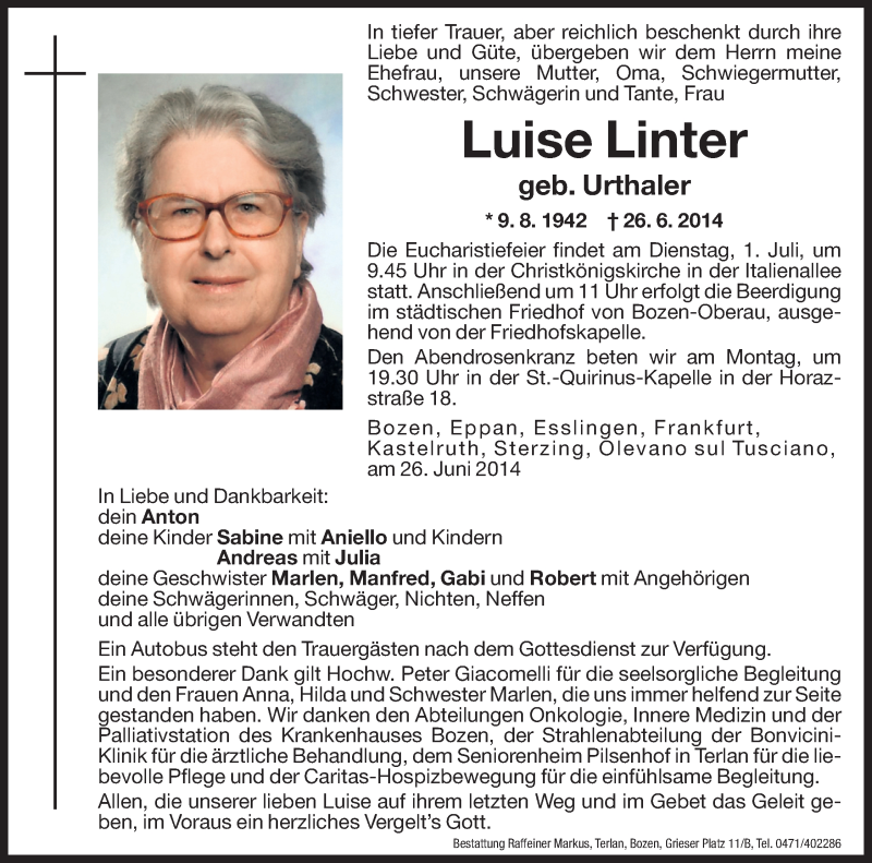  Traueranzeige für Luise Linter vom 28.06.2014 aus Dolomiten