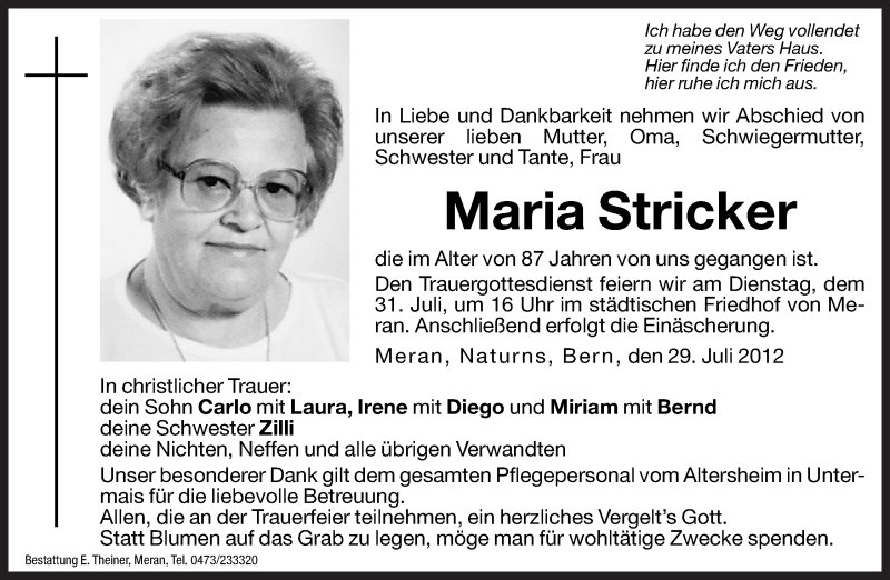  Traueranzeige für Maria Stricker vom 30.07.2012 aus Dolomiten