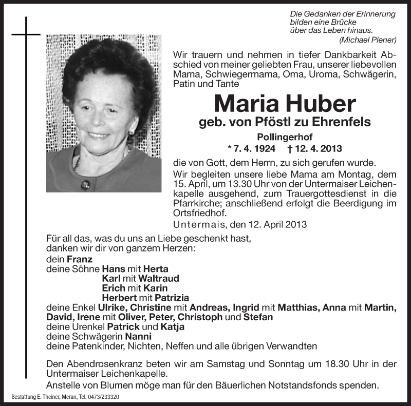  Traueranzeige für Maria Huber vom 13.04.2013 aus Dolomiten