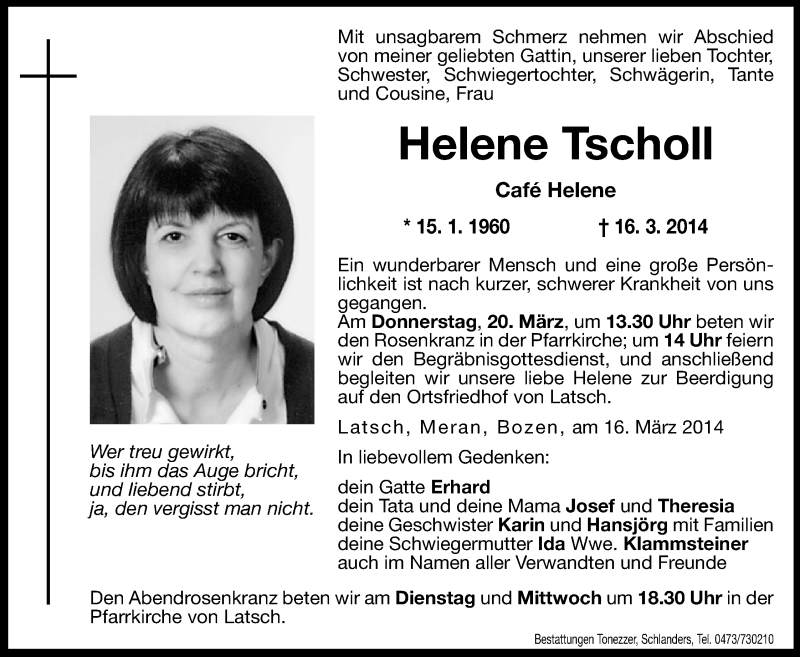  Traueranzeige für Helene Tscholl vom 18.03.2014 aus Dolomiten