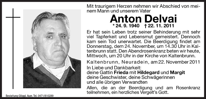  Traueranzeige für Anton Delvai vom 23.11.2011 aus Dolomiten