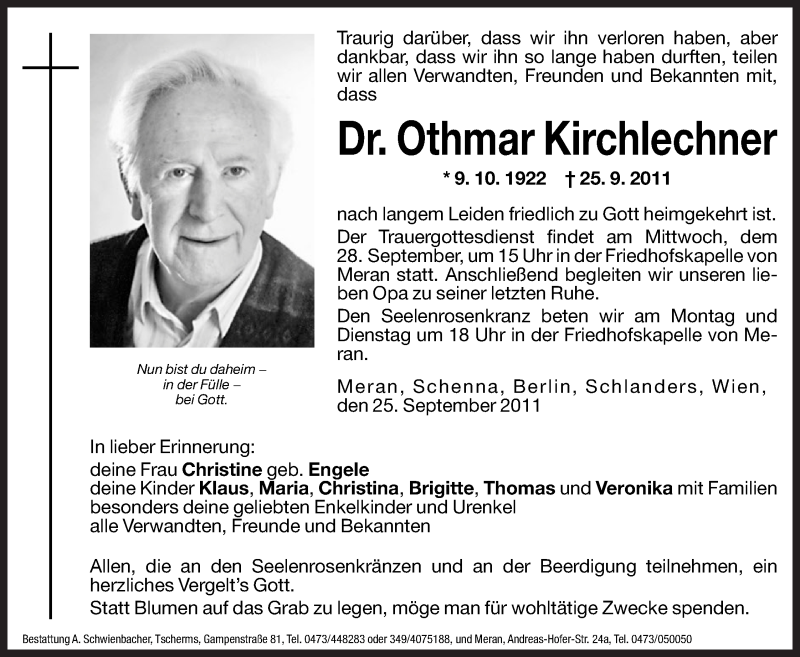  Traueranzeige für Othmar Kirchlechner vom 26.09.2011 aus Dolomiten