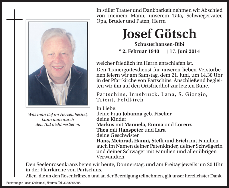  Traueranzeige für Josef Götsch vom 19.06.2014 aus Dolomiten