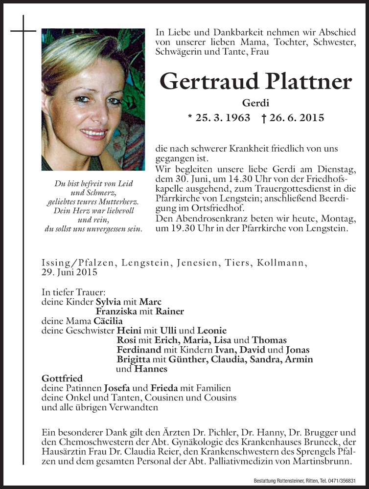  Traueranzeige für Gertraud Plattner vom 29.06.2015 aus Dolomiten