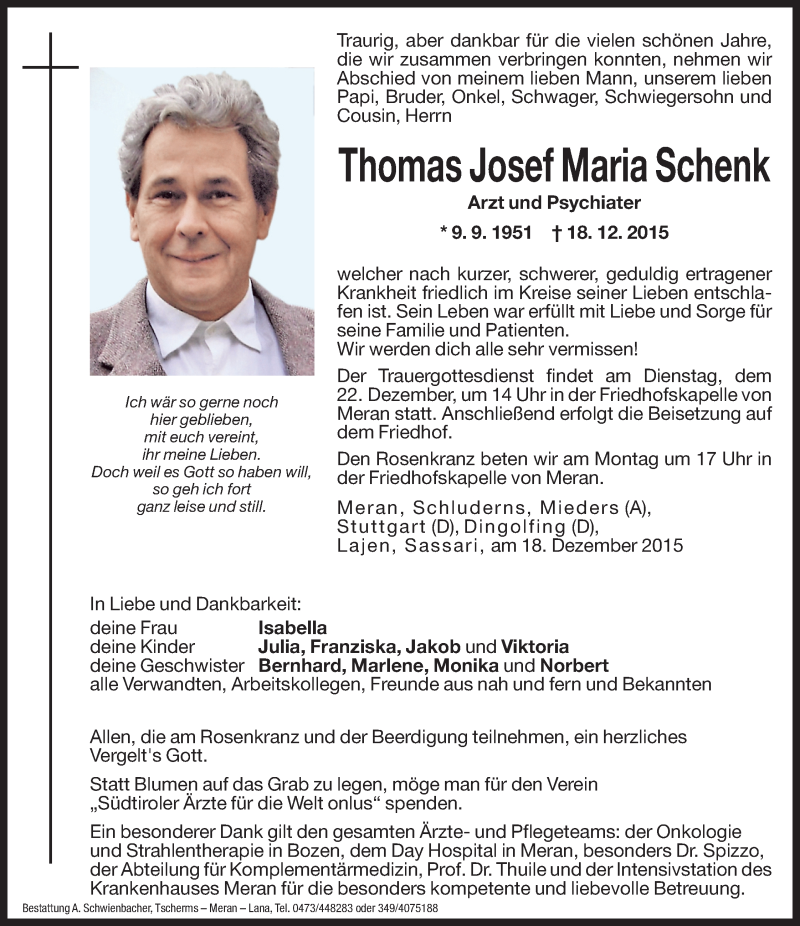  Traueranzeige für Thomas Josef Maria Schenk vom 19.12.2015 aus Dolomiten