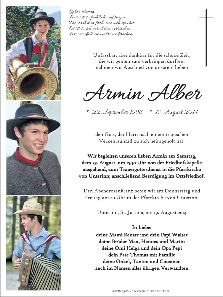  Traueranzeige für Armin Alber vom 20.08.2014 aus Dolomiten