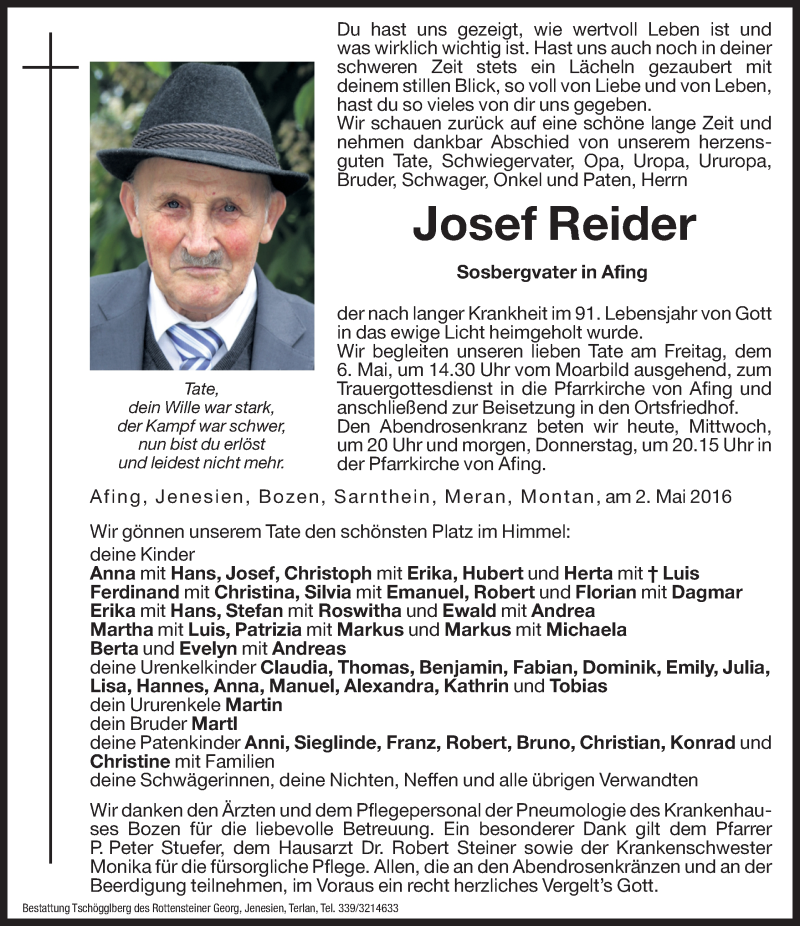  Traueranzeige für Josef Reider vom 04.05.2016 aus Dolomiten
