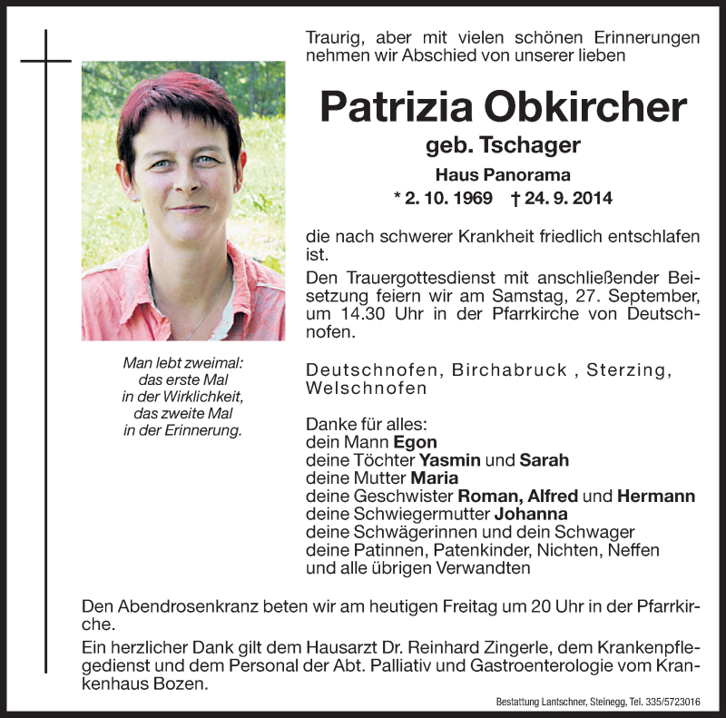  Traueranzeige für Patrizia Obkircher vom 26.09.2014 aus Dolomiten
