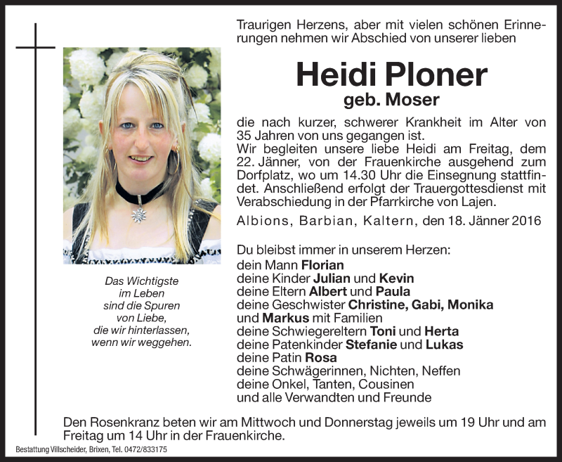  Traueranzeige für Heidi Ploner vom 20.01.2016 aus Dolomiten