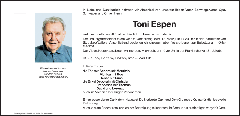  Traueranzeige für Toni Espen vom 15.03.2016 aus Dolomiten