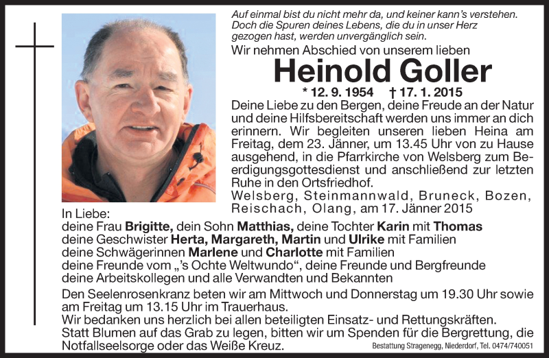  Traueranzeige für Heinold Goller vom 20.01.2015 aus Dolomiten