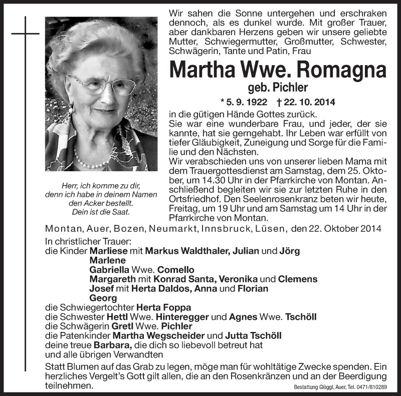  Traueranzeige für Martha Romagna vom 24.10.2014 aus Dolomiten