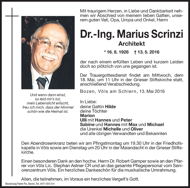  Traueranzeige für Marius Scrinzi vom 14.05.2016 aus Dolomiten