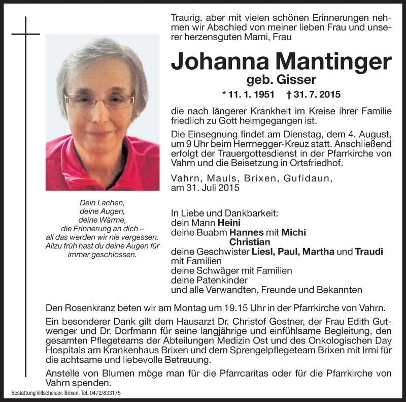  Traueranzeige für Johanna Mantinger vom 03.08.2015 aus Dolomiten