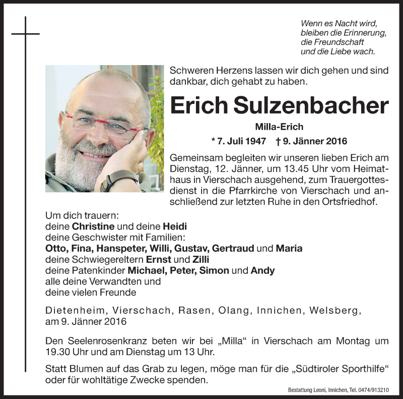  Traueranzeige für Erich Sulzenbacher vom 11.01.2016 aus Dolomiten