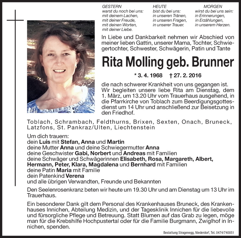  Traueranzeige für Rita Molling vom 29.02.2016 aus Dolomiten