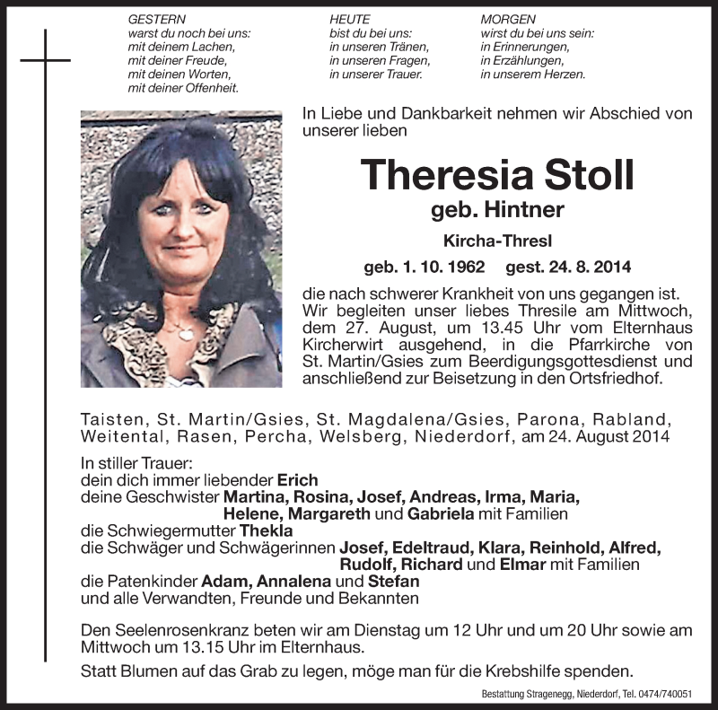  Traueranzeige für Theresia Stoll vom 26.08.2014 aus Dolomiten